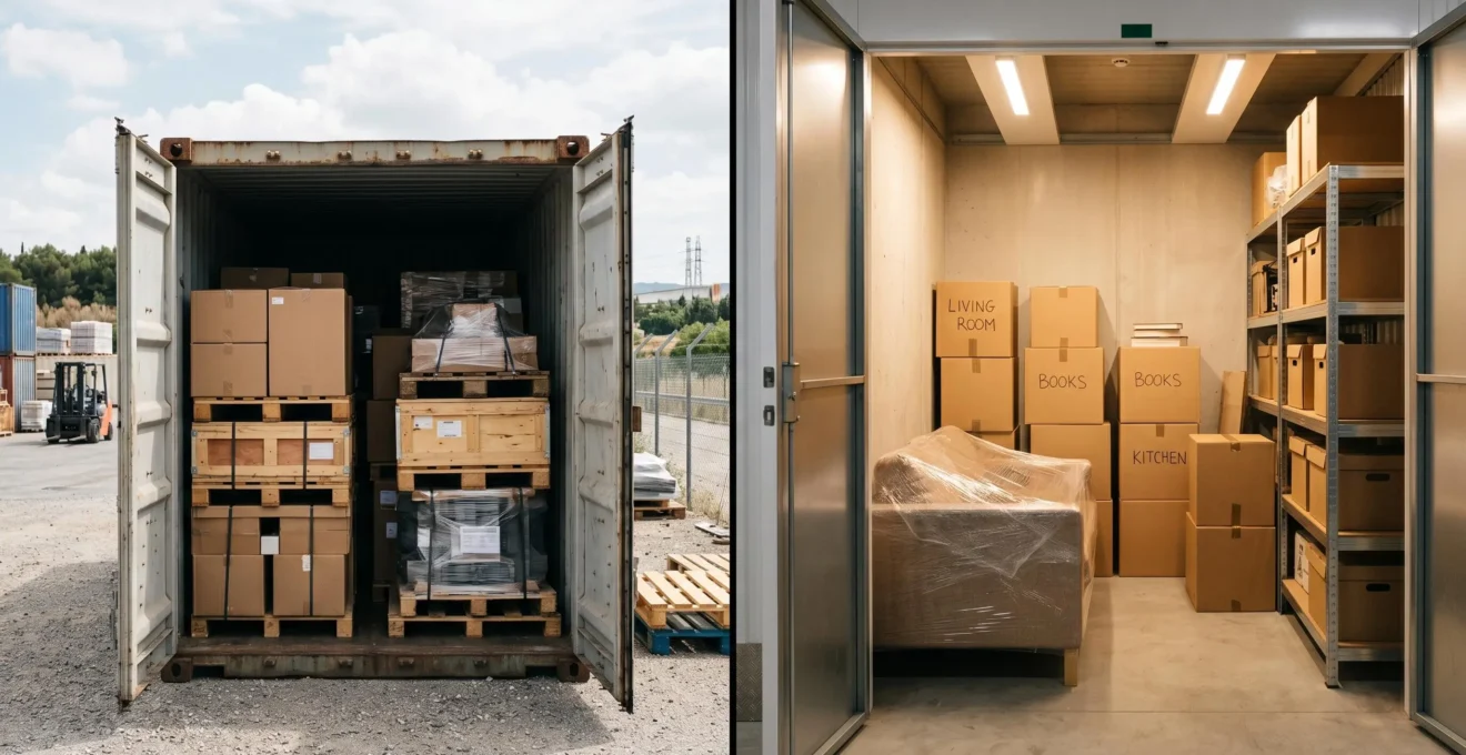 Vue comparative d'un container maritime métallique et d'un box de stockage intérieur avec des cartons et mobilier
